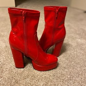 Red patent ankle boots